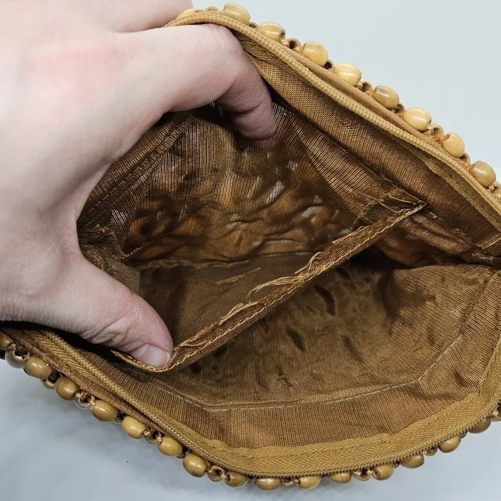 vintage wooden beaded clutch with wrist loop